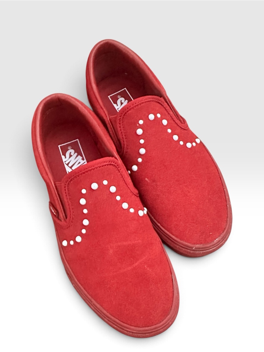 Vans Women's Red Suede Slip-On Sneakers with White Stud Detail